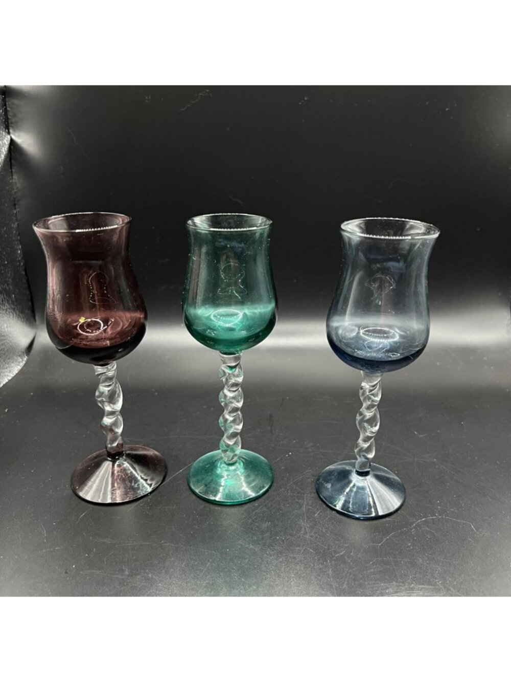 Vintage Hand-Blown Twisted Stem Cordial glasses Set Purple Green & Blue MCM